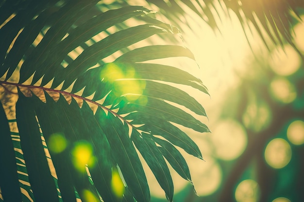 Beautiful nature green palm leaf blurred against an abstract bokeh sun light wave background