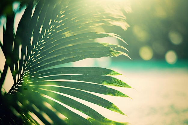 Beautiful nature green palm leaf blurred against an abstract bokeh sun light wave background