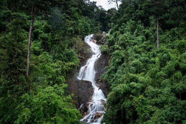 Beautiful nature landscape krating waterfall in the rainy season and refreshing greenery forest