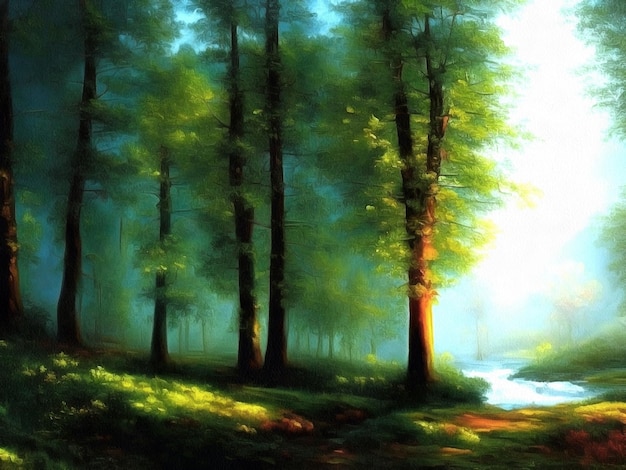 Beautiful nature landscape painting on paper canvas Generative AI