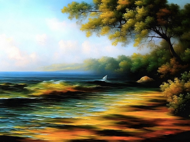 Beautiful nature landscape painting on paper canvas Generative AI