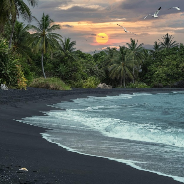 Beautiful nature landscape with black sandy beach and ocean