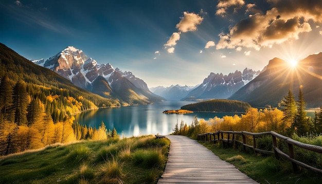 Photo beautiful nature landscape with mountains and lake