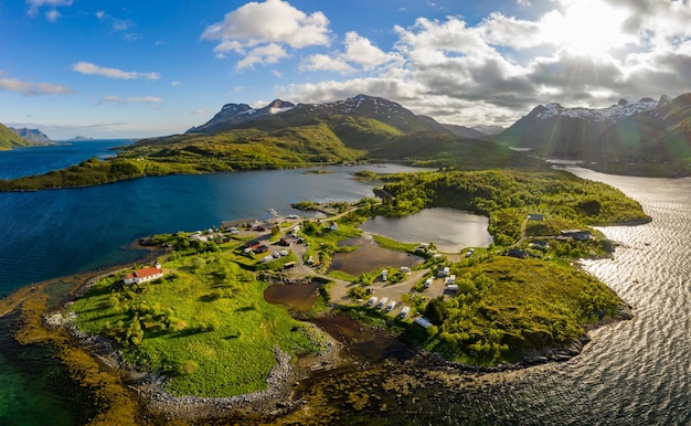 Beautiful Nature Norway natural landscape. Aerial view of the campsite to relax. Family vacation travel, holiday trip in motorhome RV.