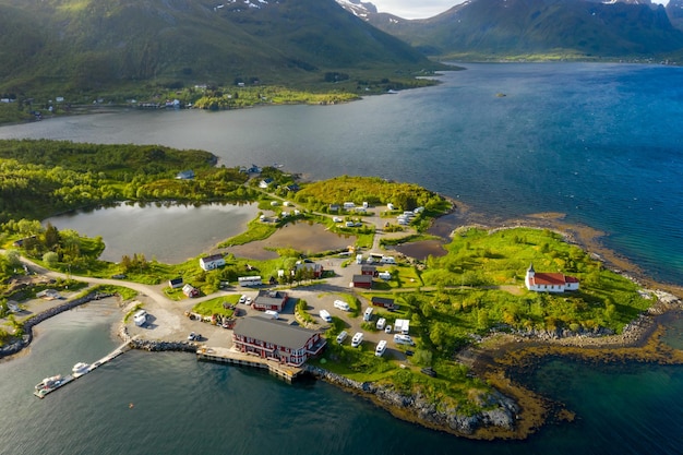 Beautiful Nature Norway natural landscape. Aerial view of the campsite to relax. Family vacation travel, holiday trip in motorhome RV.