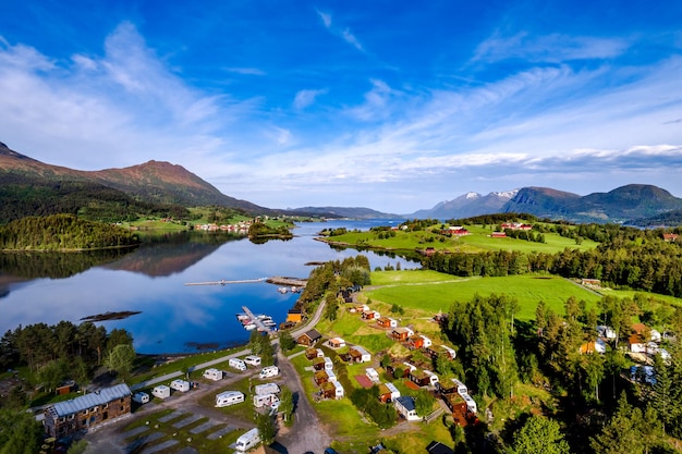 Beautiful Nature Norway natural landscape. Aerial view of the campsite to relax. Family vacation travel, holiday trip in motorhome RV.