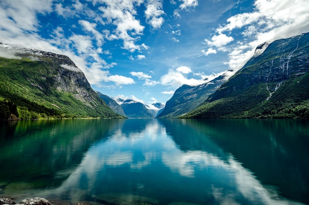 Beautiful Nature Norway natural landscape. lovatnet lake Lodal valley.