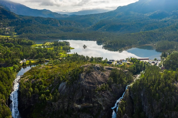 Beautiful Nature Norway natural landscape Panorama Latefossen Waterfall Odda Norway Latefoss is a powerful twin waterfall