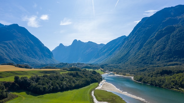 Beautiful nature of Norway. A village on the fjord coast