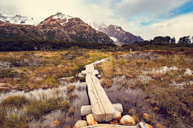 Beautiful nature of Patagonia. Fitz Roy trek, view of Andes mountains, Los Glaciers National Park, E