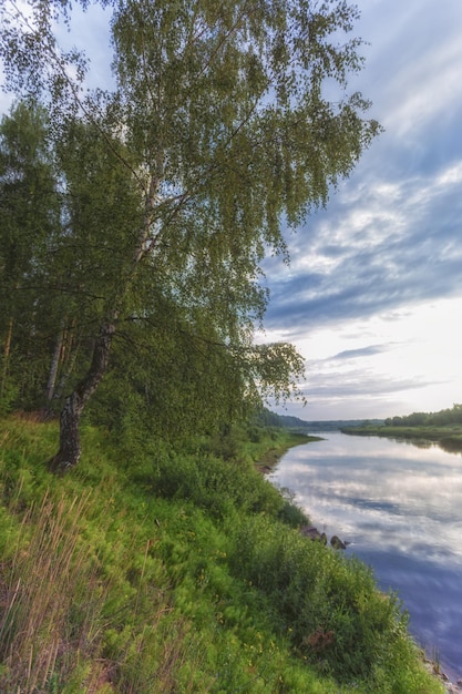 The beautiful nature of Russia A beautiful river with trees beaches on the shore Beautiful clouds