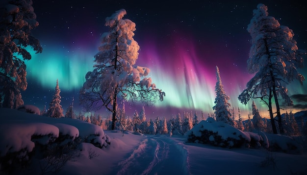 Beautiful nature view forest with northern lights Generative AI