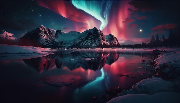 Beautiful nature view lake with northern lights reflection Generative AI