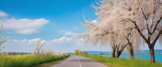 Photo beautiful nature with flowering willow branches and a road