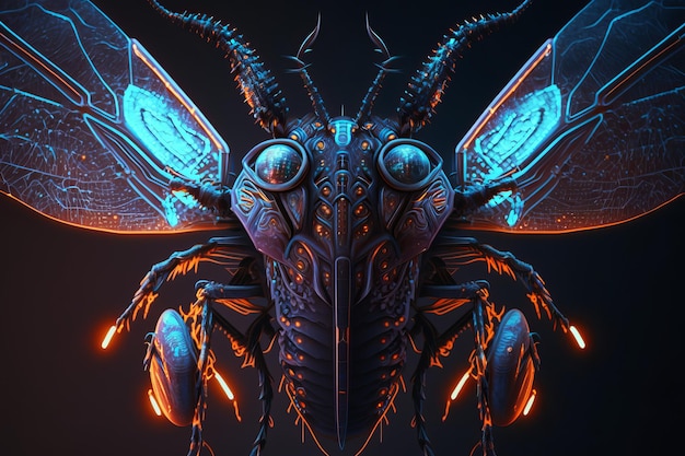 A beautiful neon beetle in blue and orange ai generation