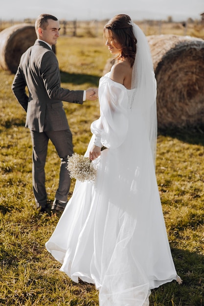 A beautiful newlywed couple is walking in the field An attractive groom leads the bride by the hand