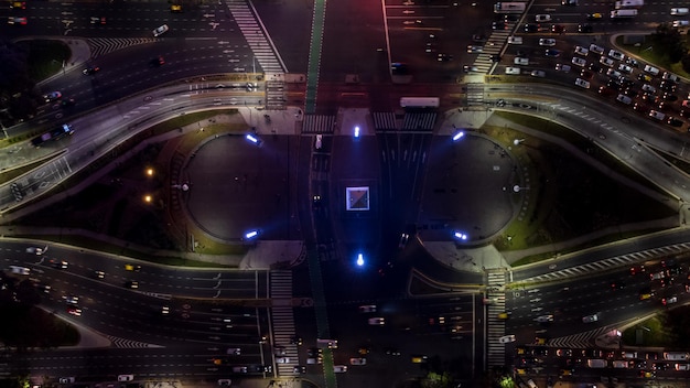 Beautiful night aerial shot of the Obelisk of Buenos Aires