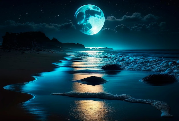 Beautiful night landscape of tropical beach with full moon in the ocean beach Generative AI