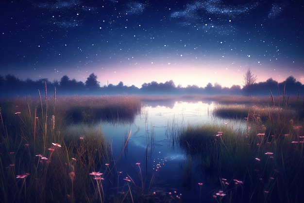 Beautiful night landscape with lake and starry sky nature series