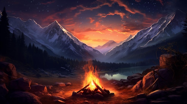 Photo a beautiful night landscape with a mountain in the middle of a forest