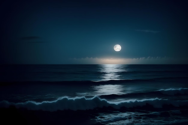 beautiful night in the ocean with full moon and black sky