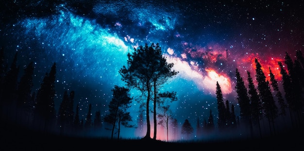 Beautiful night sky the Milky Way and the trees