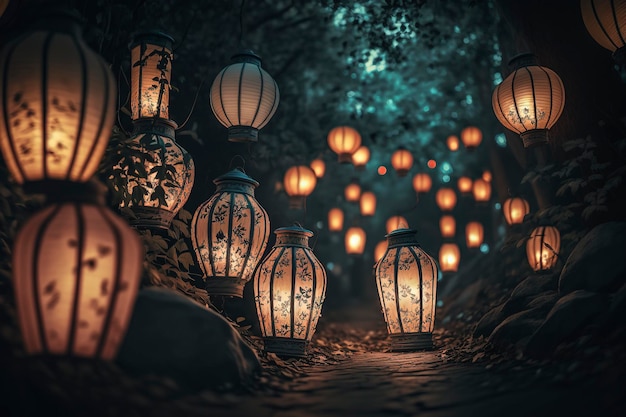 beautiful night view with glowing lanterns