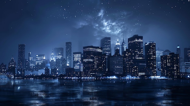 Photo a beautiful nighttime cityscape with tall skyscrapers illuminated under a starry sky