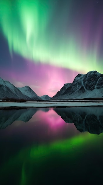 Beautiful Northern Lights above mountain and river Generative AI