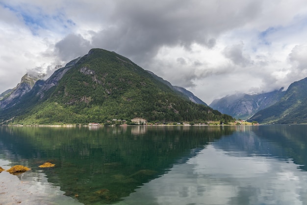 Beautiful Norwegian landscape. view of the fjords. Norway ideal fjord reflection in clear water