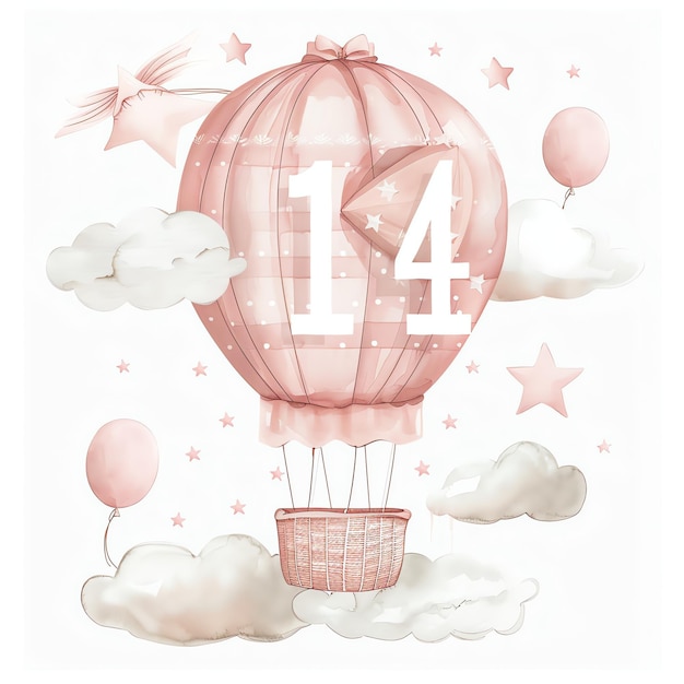 beautiful number 14 on a hot air balloon in white writing with balloons ans stars in blue