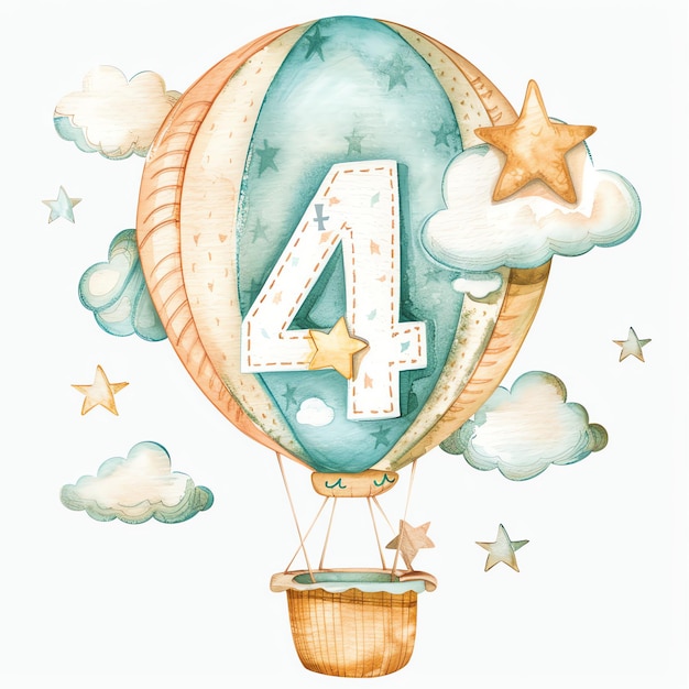 beautiful number 4 on a hot air balloon in white writing with balloons ans stars in blue