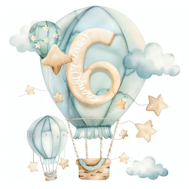 beautiful number 6 on a hot air balloon in white writing with balloons ans stars in blue