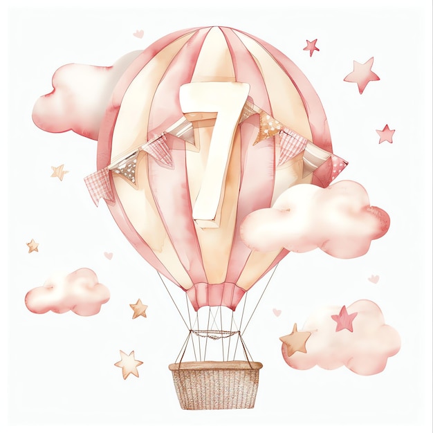 beautiful number 7 on a hot air balloon in white writing with balloons ans stars in blue