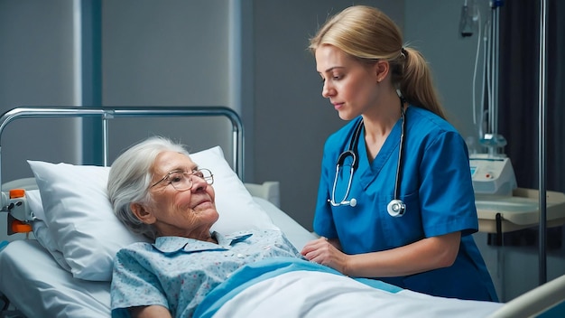 A beautiful nurse is caring for an elderly patient in the hospital