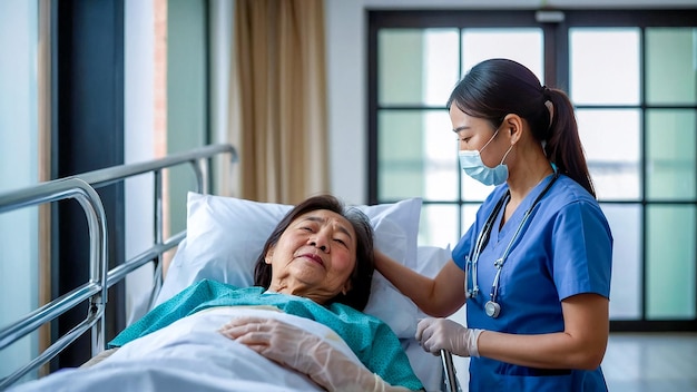 A beautiful nurse is caring for an elderly patient in the hospital