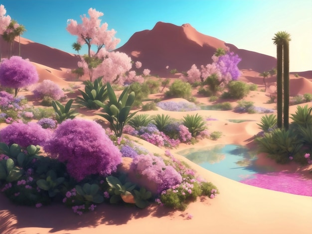 Beautiful oasis in desert Generative AI Illustration