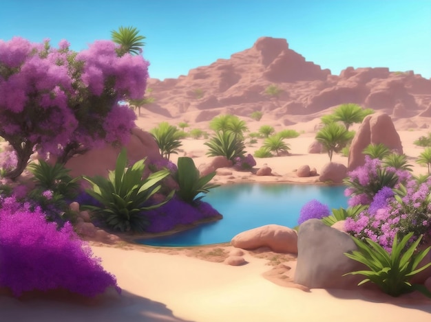 Beautiful oasis in desert Generative AI Illustration