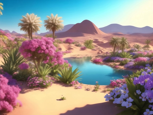 Beautiful oasis in desert Generative AI Illustration