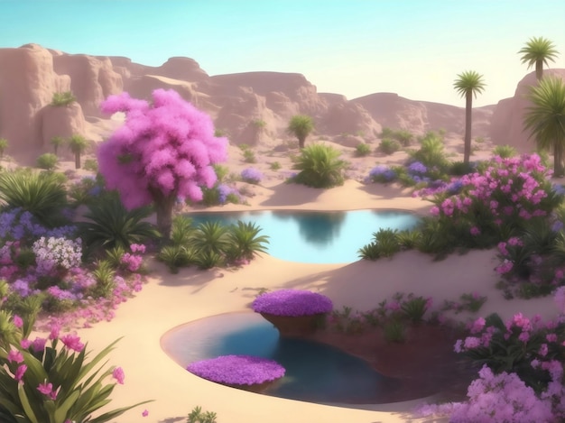 Beautiful oasis in desert Generative AI Illustration