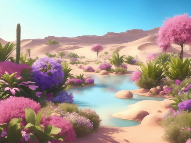 Beautiful oasis in desert Generative AI Illustration