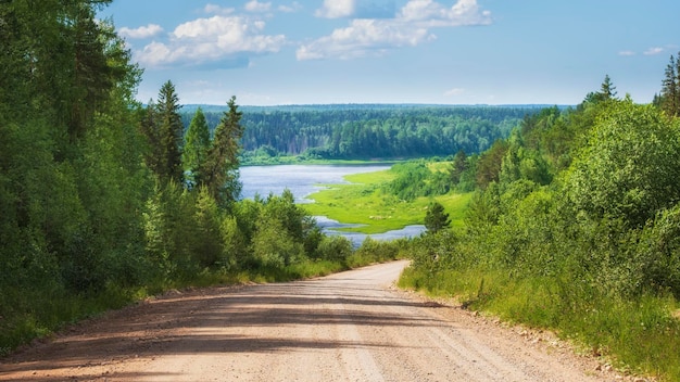 Beautiful observation deck Yarnema descent in the Arkhangelsk region view from the hill to the road forest and Onega river near the village of Yarnema Nature of the north in summer