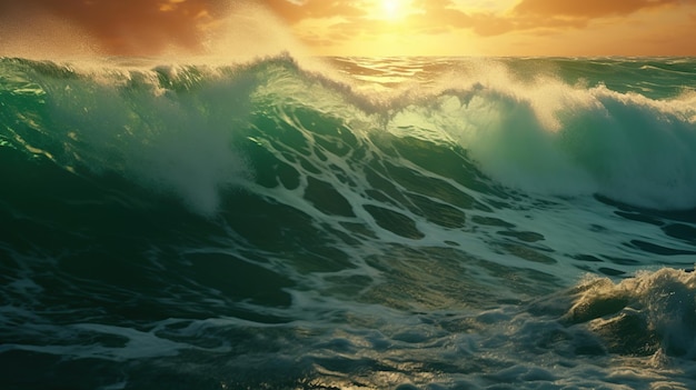 Beautiful ocean wave at sunset generative AI