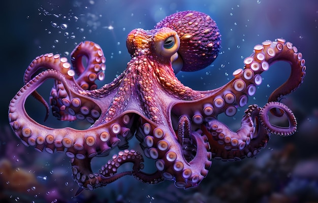 A beautiful octopus with big eyes and tentacles is floating in the deep sea