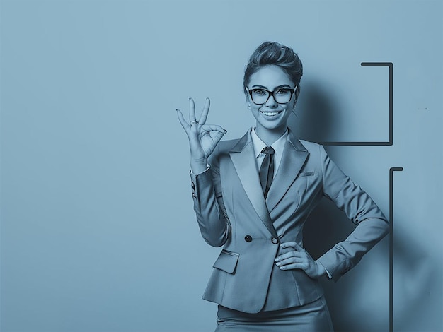 Beautiful office woman showing okay sign flat background