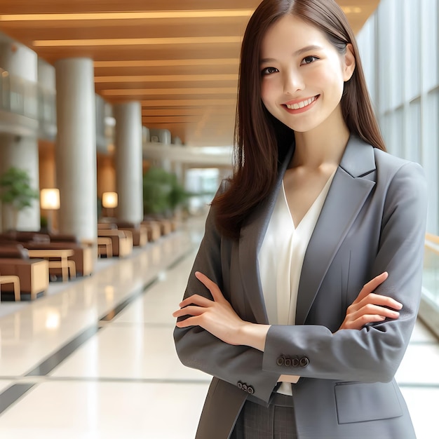 A beautiful office worker woman wearing a suit in a busy office building