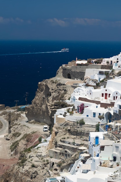 Beautiful Oia town on Santorini island, Greece. Traditional white architecture and greek orthodox ch