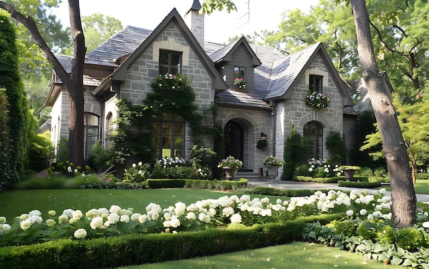 Beautiful old house with white hydrangeas in the garden