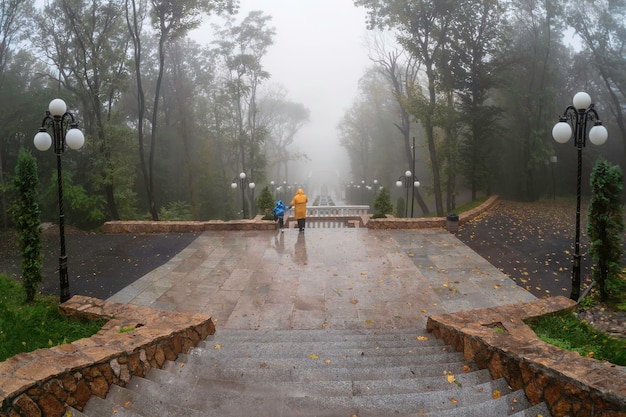 Beautiful old stone staircase in the misty park of Zheleznovodsk