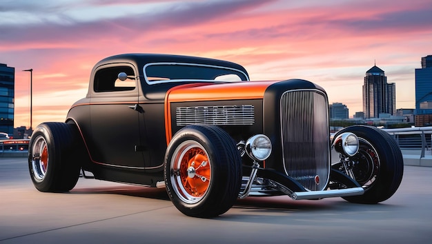 beautiful old timer hot rod vintage matte black orange car at sunset transport and vehicles